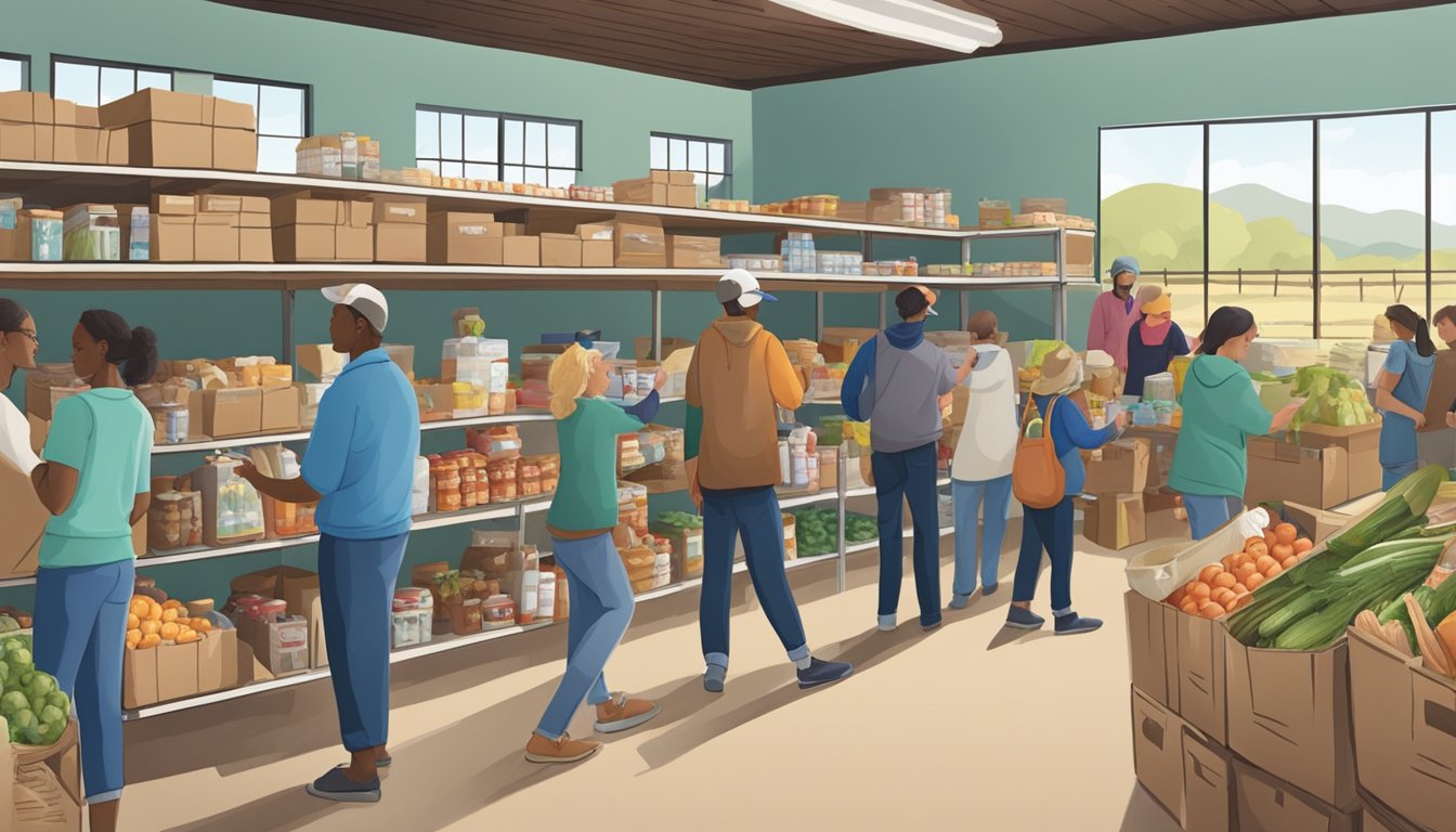 A bustling food pantry in Hartley County, Texas, with volunteers distributing free groceries to those in need