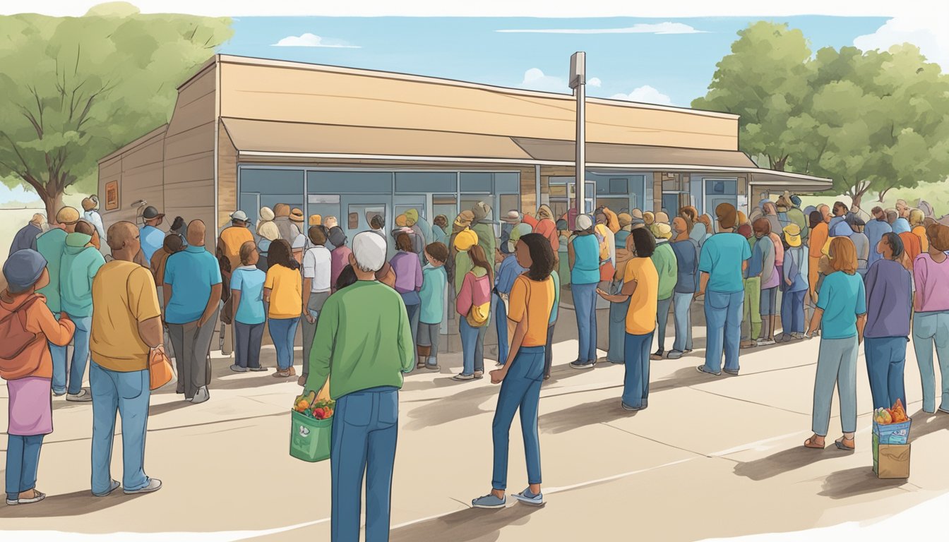 A line of people waiting outside a food pantry in Gaines County, Texas. Volunteers distribute free groceries to those in need