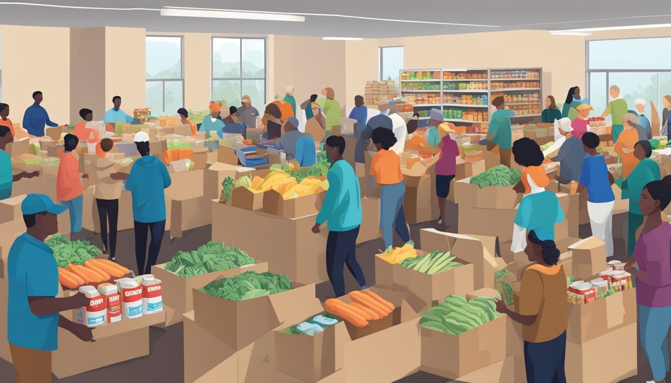 A bustling food pantry with volunteers distributing groceries to community members in need