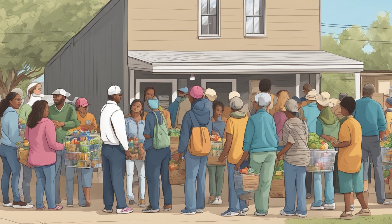 People lining up outside a food pantry in Hartley County, Texas, receiving free groceries and supplies through community involvement and volunteering