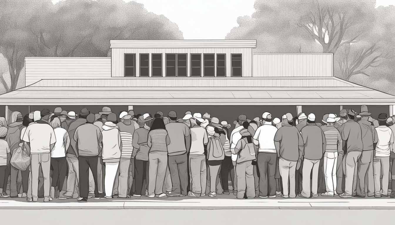 A long line of people wait outside a food pantry in Hidalgo County, Texas. Volunteers distribute free groceries to those in need