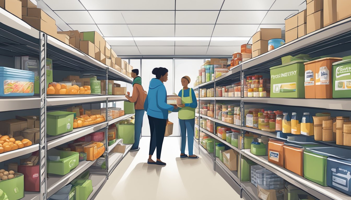 A bustling food pantry with shelves stocked with a variety of groceries and volunteers assisting community members in need