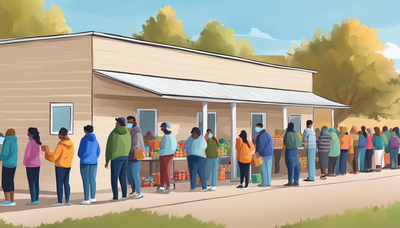 People lining up outside a food pantry in Hartley County, Texas. Volunteers distributing free groceries to those in need during the COVID-19 pandemic