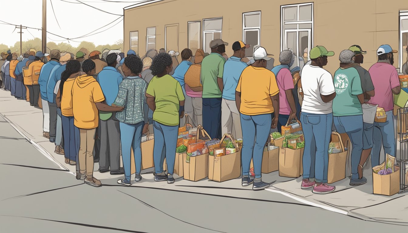 A line of people wait outside a food pantry in Gaines County, Texas, as volunteers distribute free groceries to those in need