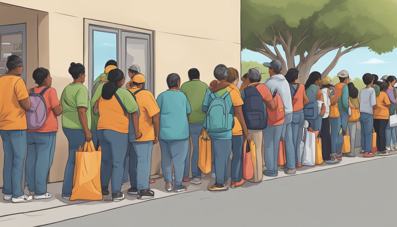 A line of people waits outside a food pantry in Hidalgo County, Texas. Volunteers hand out bags of groceries to those in need