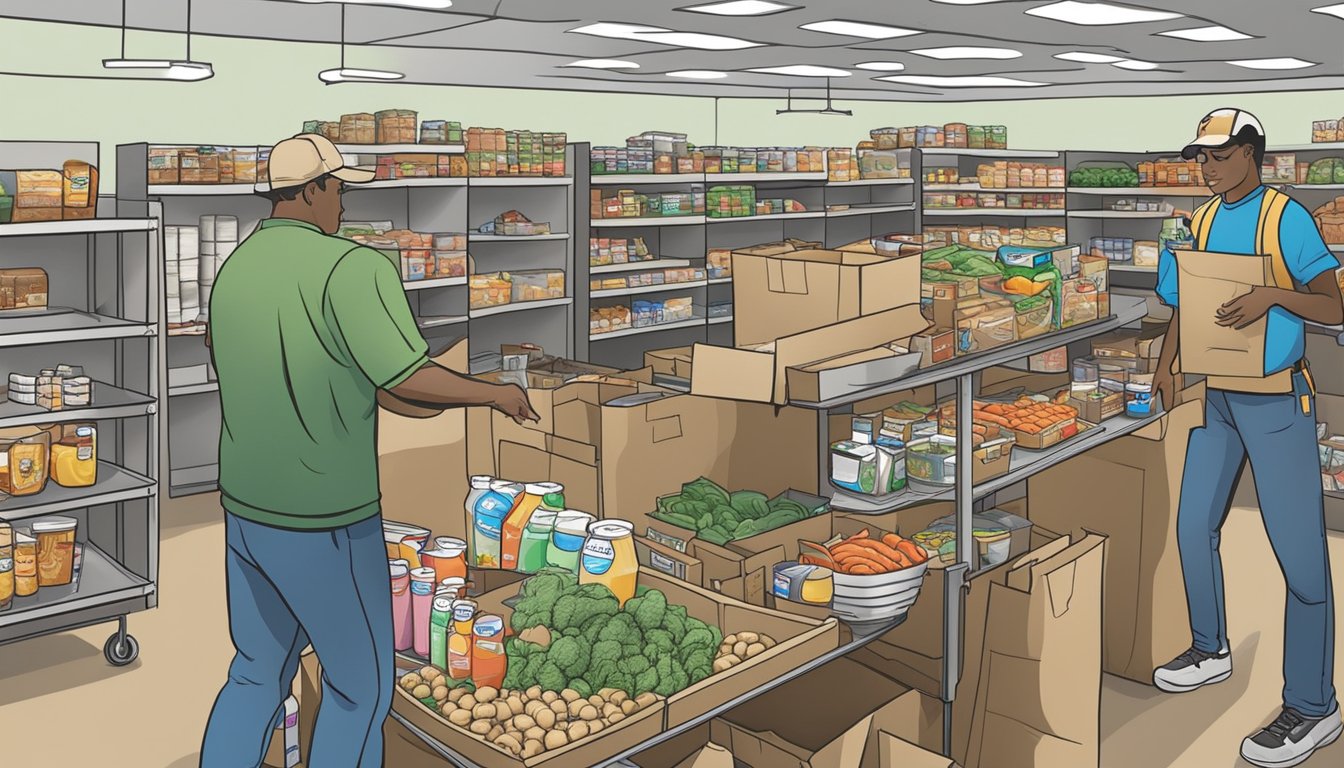 A bustling food pantry in Gaines County, Texas, with volunteers distributing free groceries to those in need