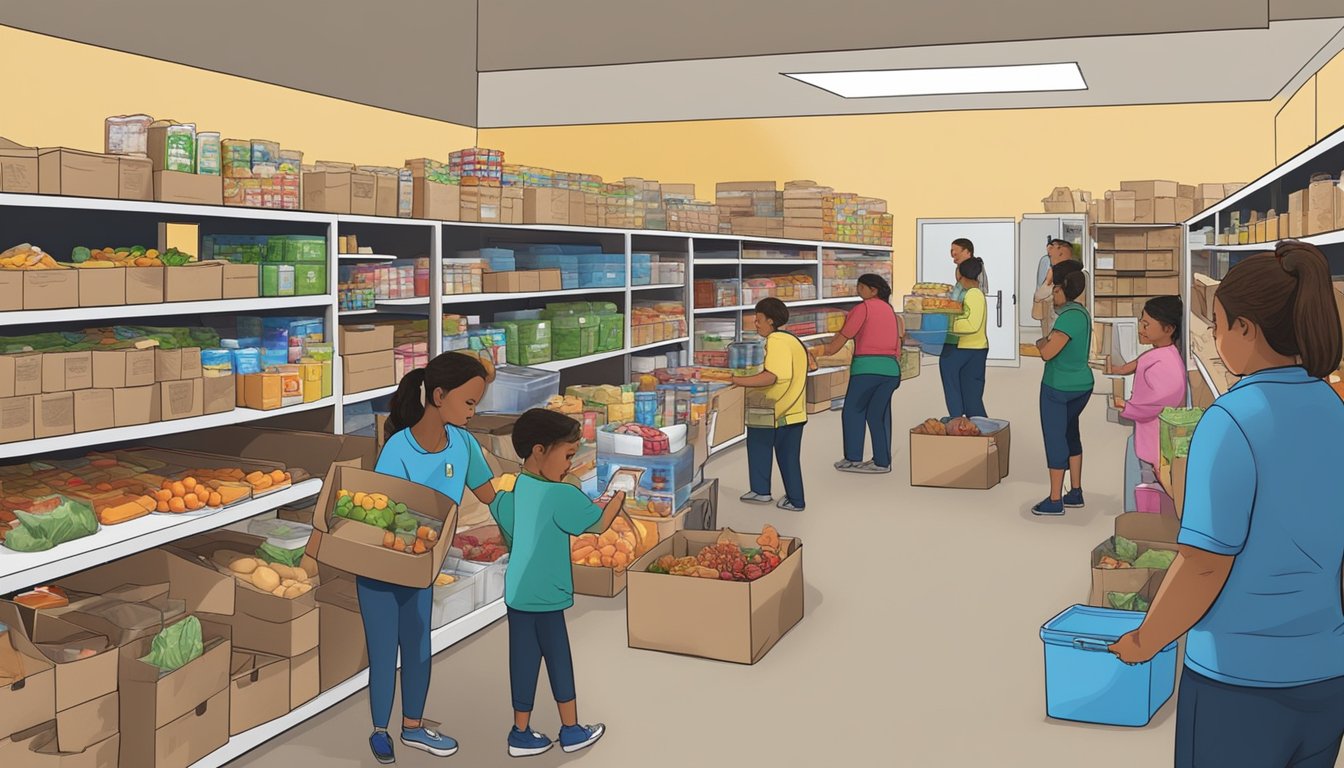 A bustling food pantry in Hidalgo County, Texas, with volunteers distributing free groceries to those in need