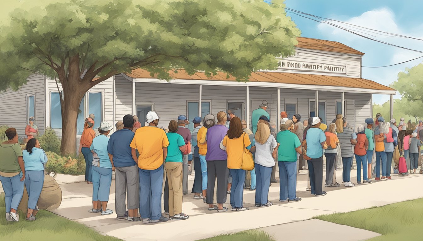 A line of people waiting outside a food pantry in Gillespie County, Texas, with volunteers handing out free groceries and supplies