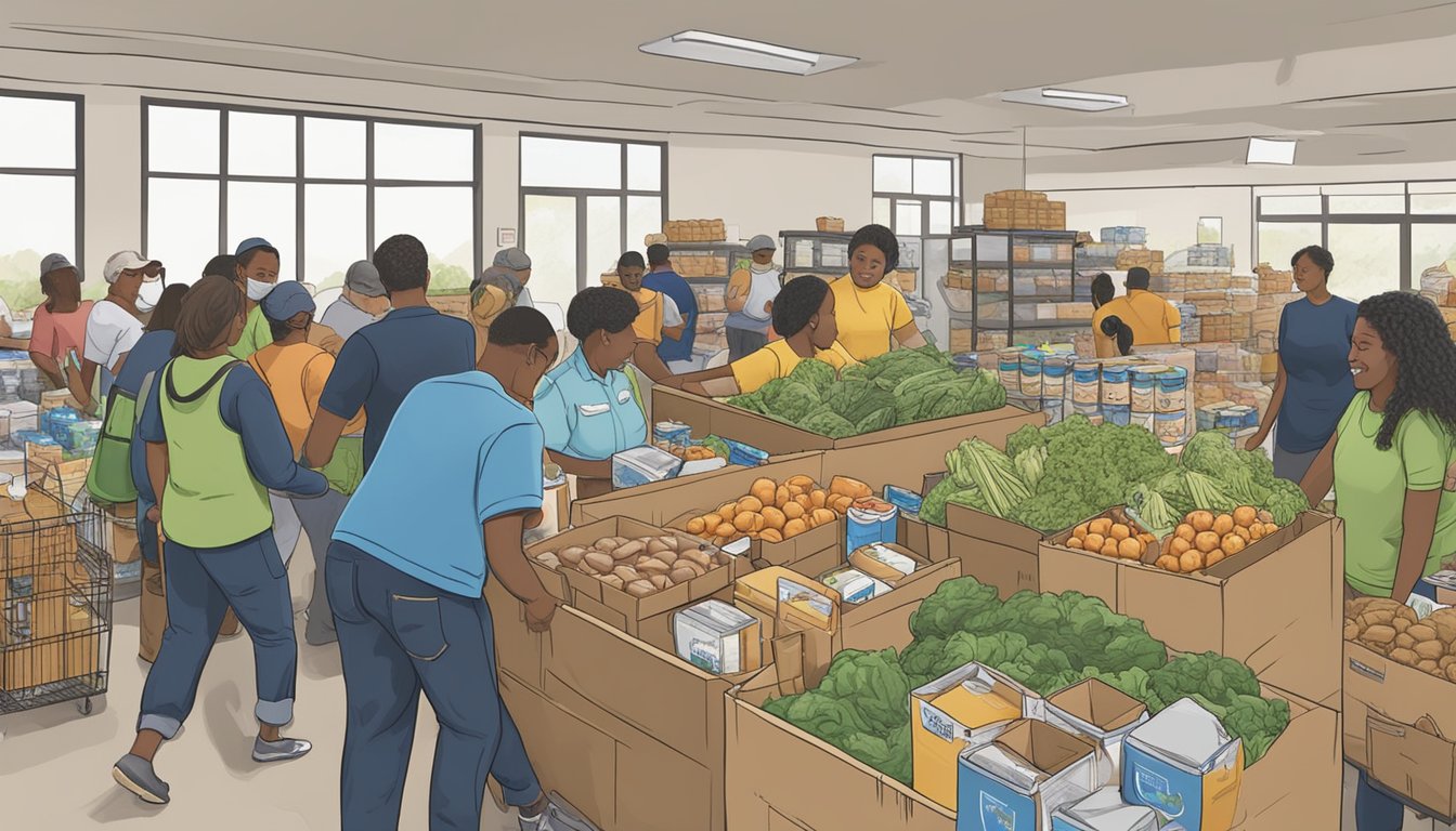 A bustling food pantry in Gillespie County, Texas, with volunteers distributing free groceries to those in need