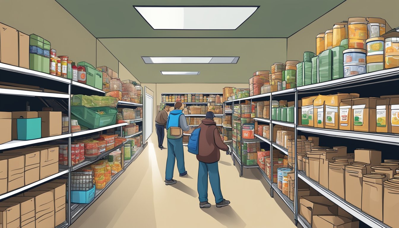 A bustling food bank in Hemphill County, Texas, with shelves stocked full of free groceries and pantry items for those in need