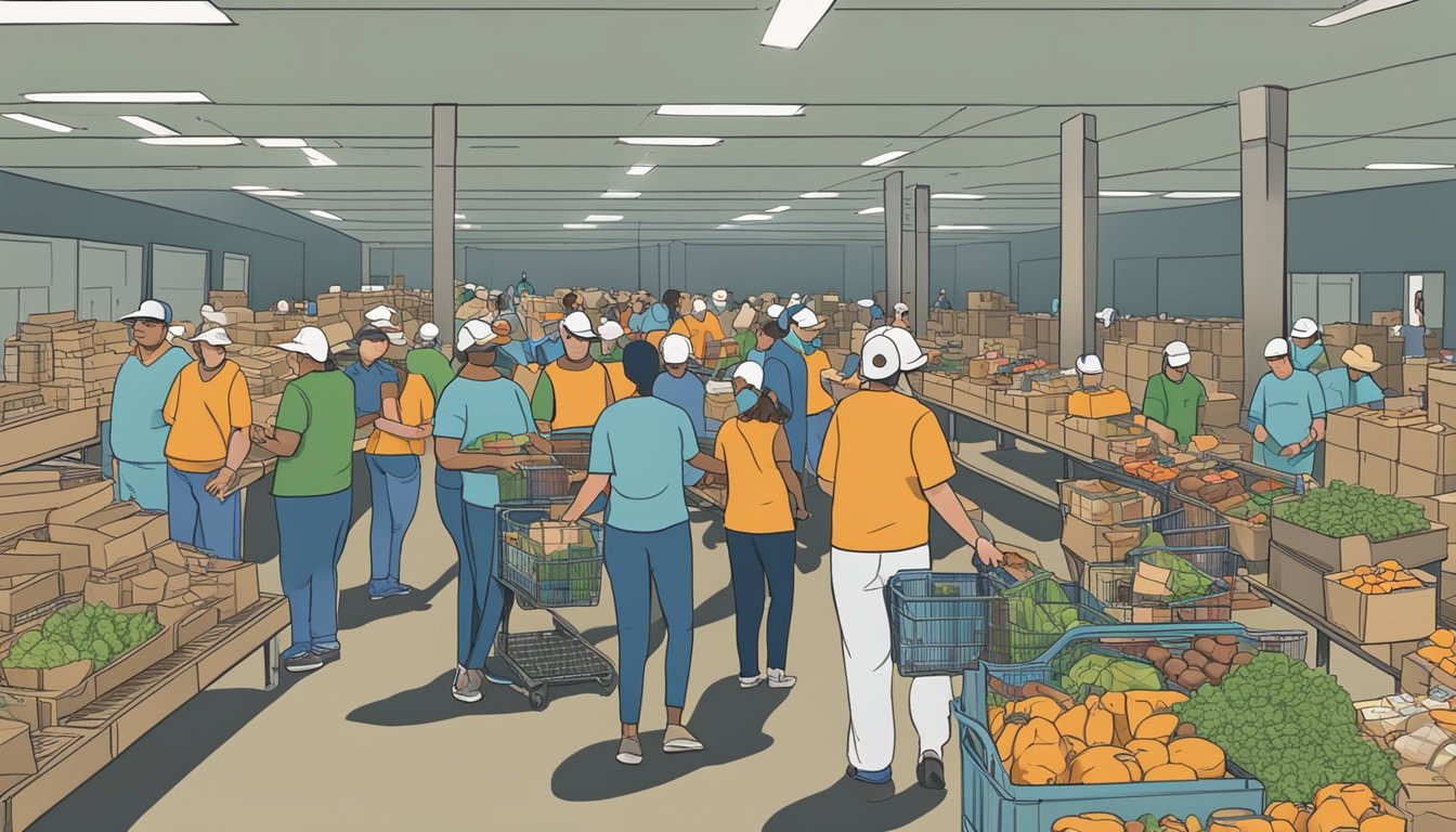 A bustling food distribution center in Hemphill County, Texas, with volunteers handing out free groceries and pantry items to those in need