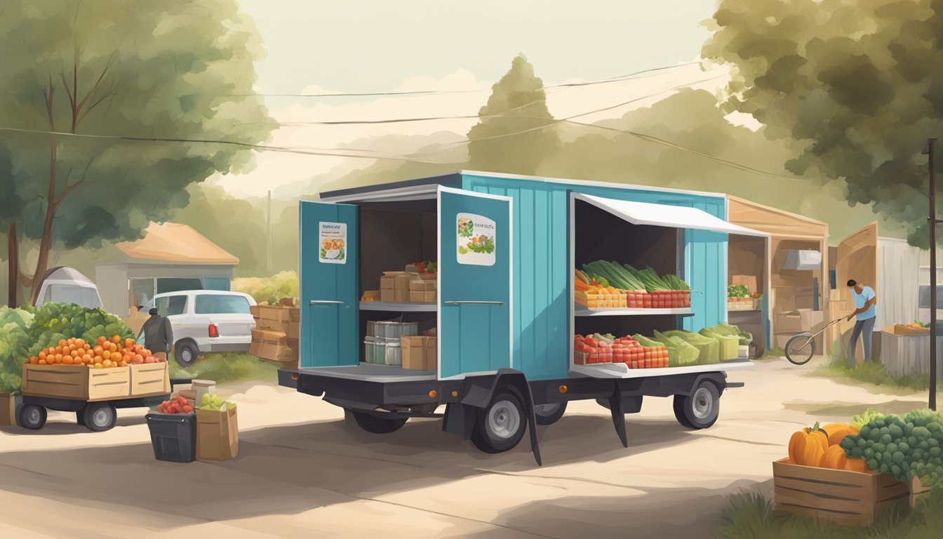 A mobile pantry parked in a rural area with fresh produce and groceries being distributed to people in need