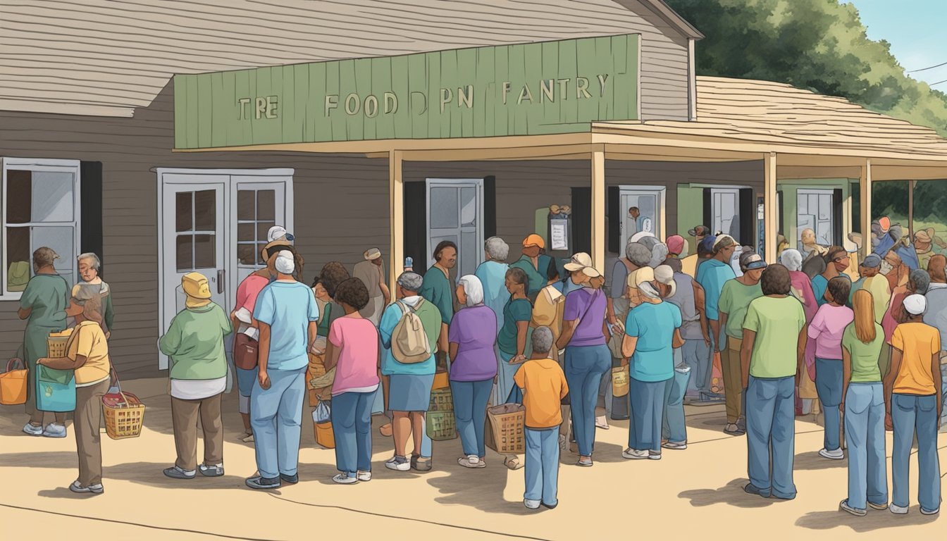 A line of people waiting outside a food pantry in Hemphill County, Texas, with volunteers handing out free groceries