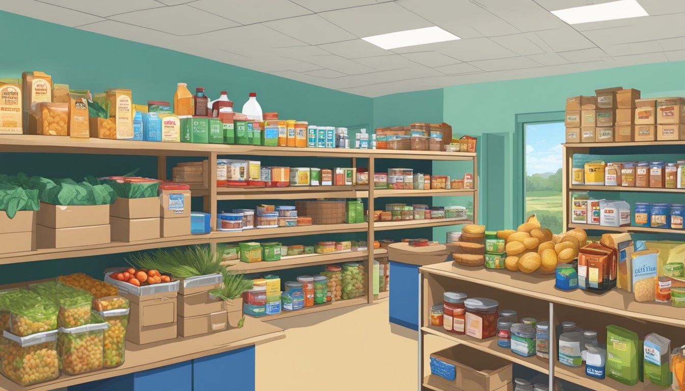 A bustling food pantry in Gillespie County, Texas, with shelves stocked full of free groceries and nutrition education materials