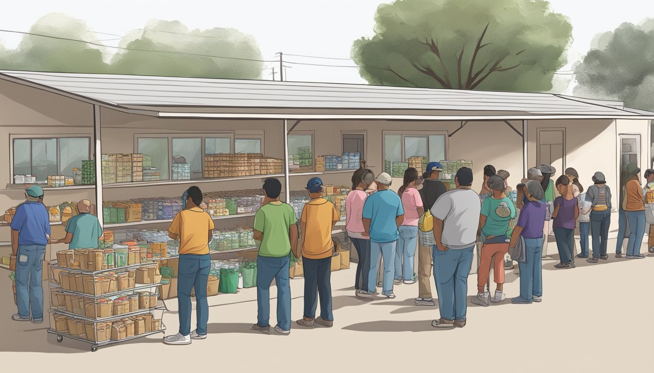 A line of people waits outside a food pantry in Hidalgo County, Texas. Volunteers distribute free groceries to those in need. Tables are stocked with canned goods, fresh produce, and other essentials