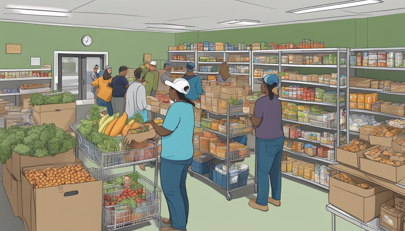 A bustling food pantry in Hemphill County, Texas, with volunteers distributing free groceries to those in need