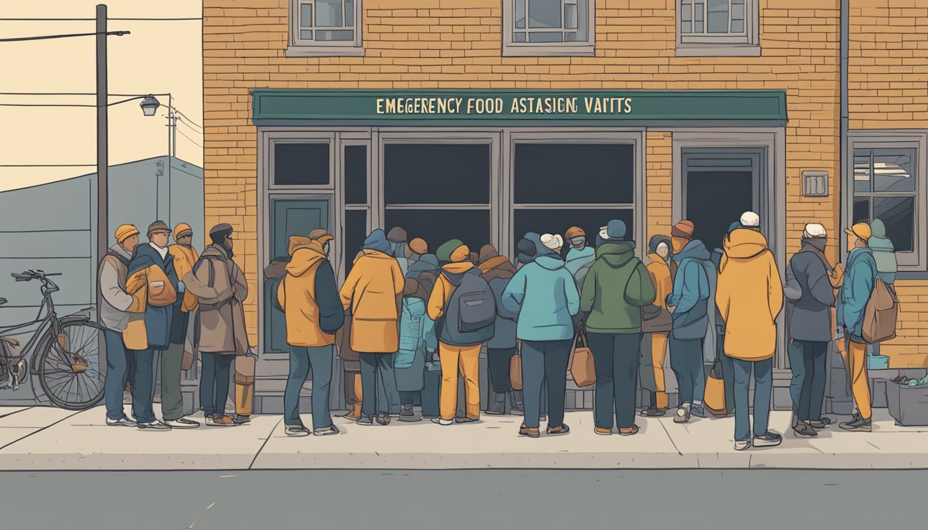 A line of people waits outside a small building with a sign reading "Emergency Food Assistance and Soup Kitchens." Volunteers distribute groceries to those in need