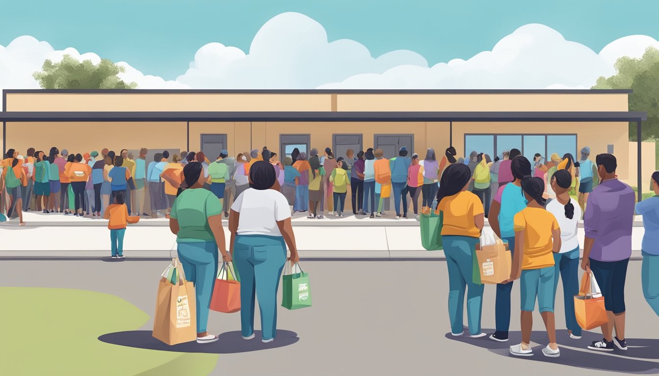 A line of people waits outside a community center, where volunteers distribute free groceries and educational resources in Hidalgo County, Texas