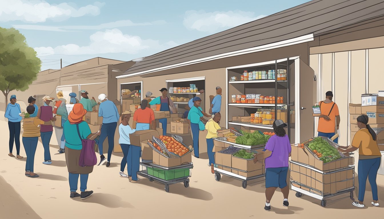 A bustling food pantry in Gillespie County, Texas, with volunteers distributing free groceries to those in need