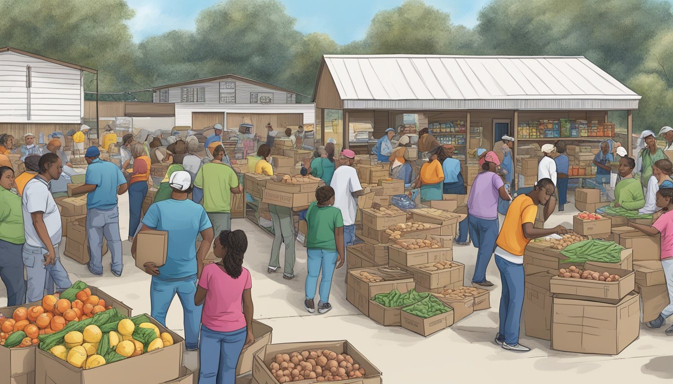 A bustling food pantry in Hemphill County, Texas, with volunteers distributing free groceries to those in need