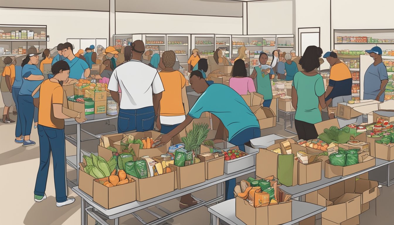 A bustling food pantry in Gillespie County, Texas, with volunteers handing out free groceries to those in need