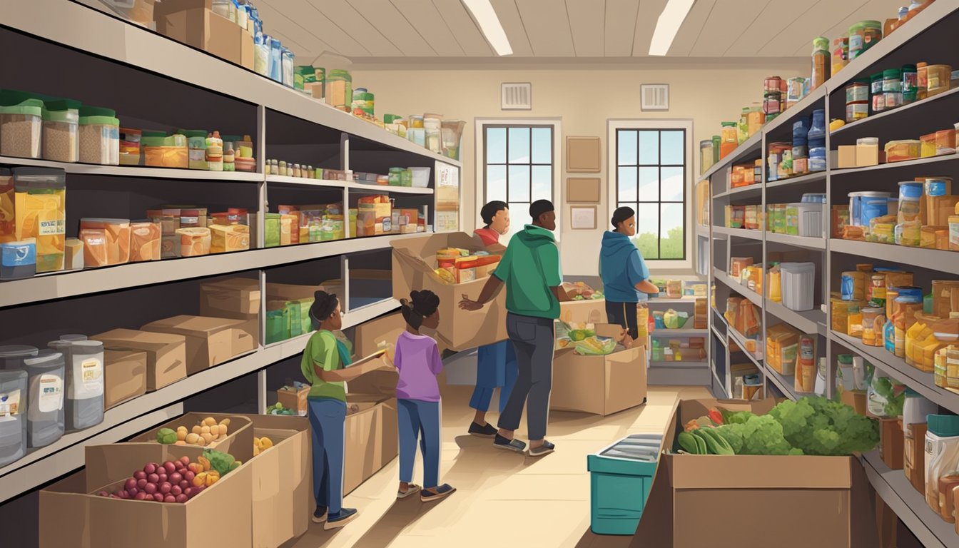 A bustling food pantry in Hemphill County, Texas, with shelves stocked full of free groceries and volunteers offering nutritional support and education