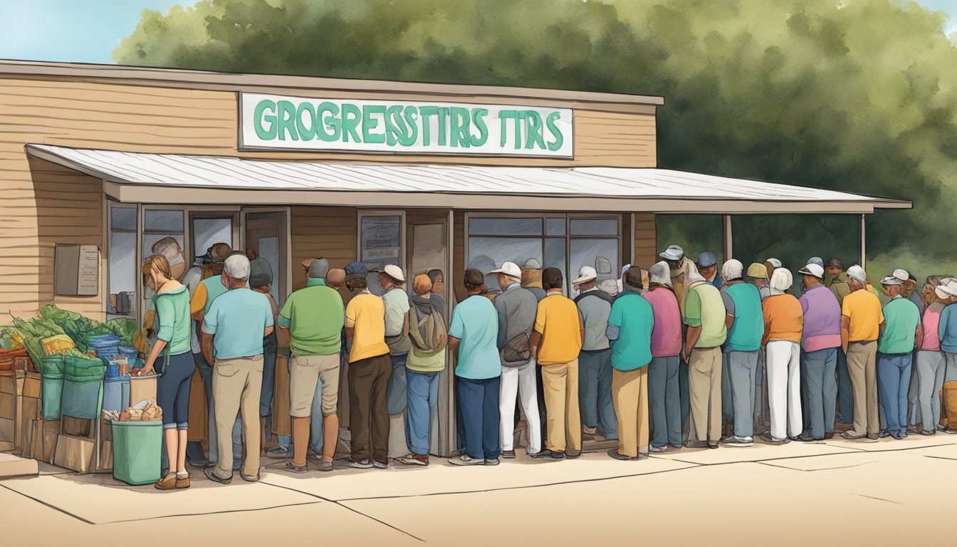 A line of people outside a small building, waiting to receive free groceries and food from a local pantry in Gillespie County, Texas