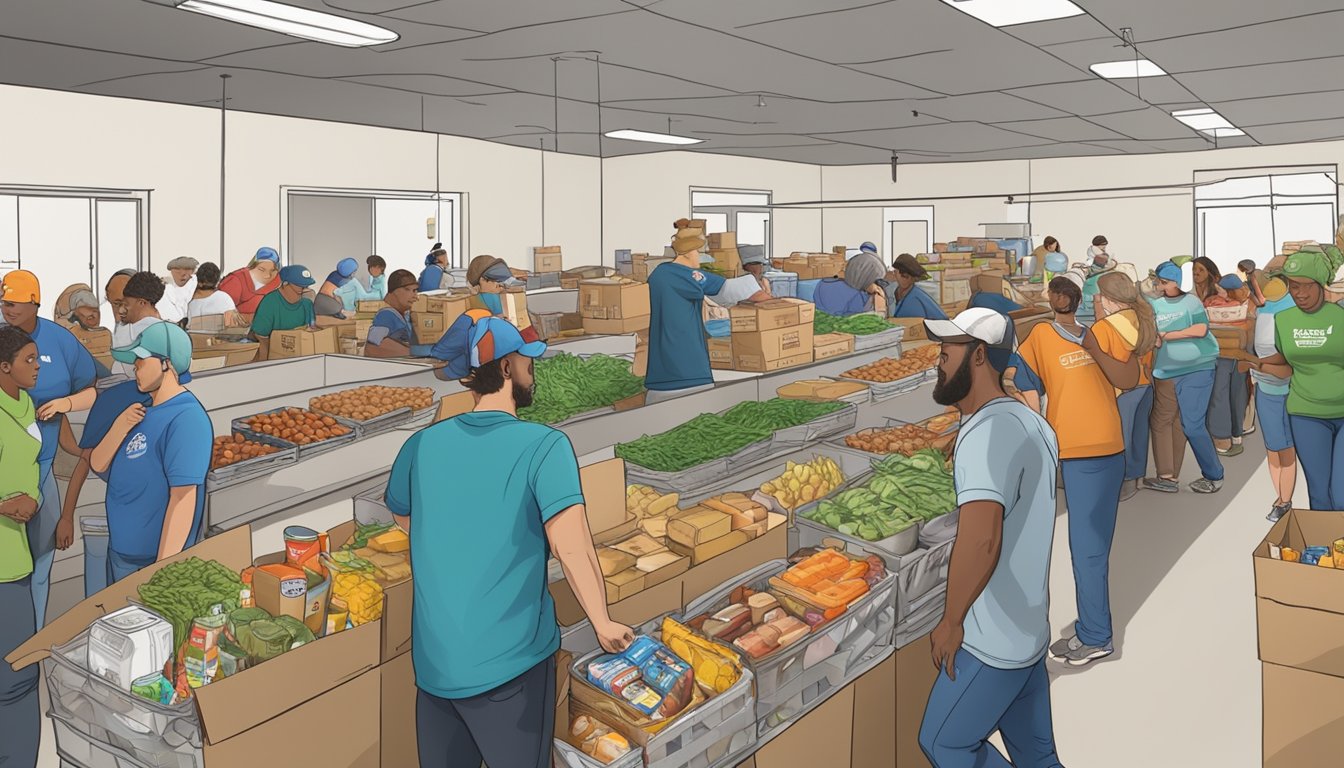 A bustling food pantry in Hood County, Texas, with volunteers distributing free groceries and meals to those in need