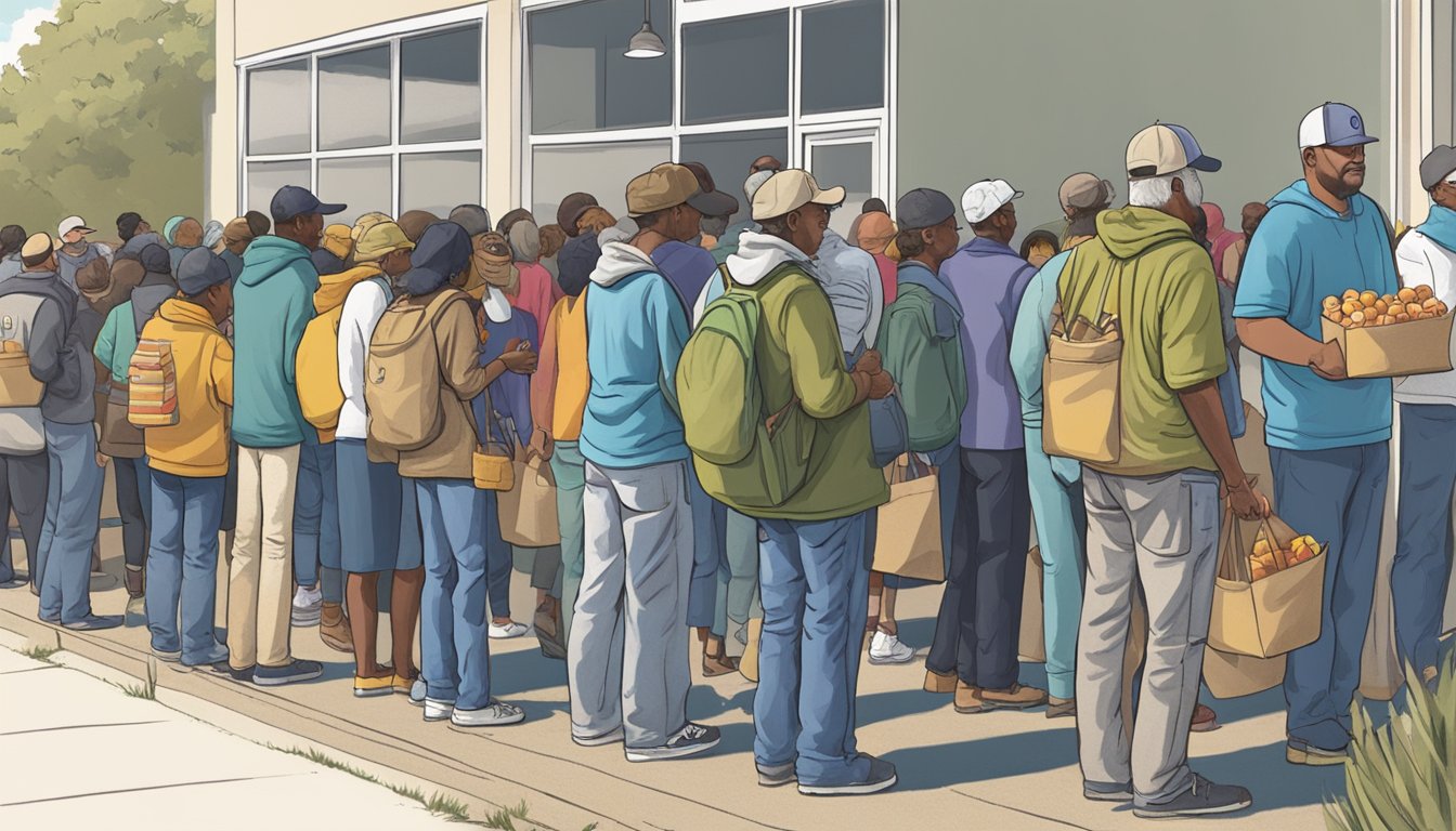 A line of people waiting outside a food pantry in Hood County, Texas, with volunteers distributing free groceries