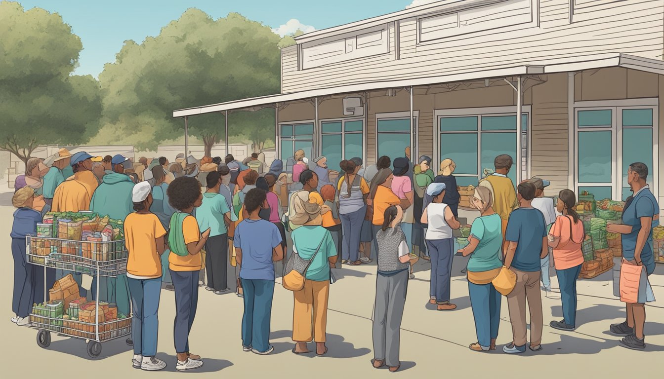 A line of people waiting outside a food pantry in Gonzales County, Texas, with volunteers handing out free groceries to those in need