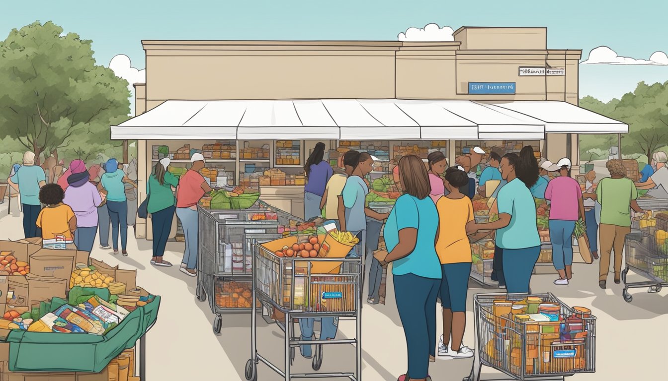 A bustling food pantry in Hood County, Texas, with volunteers handing out free groceries to those in need