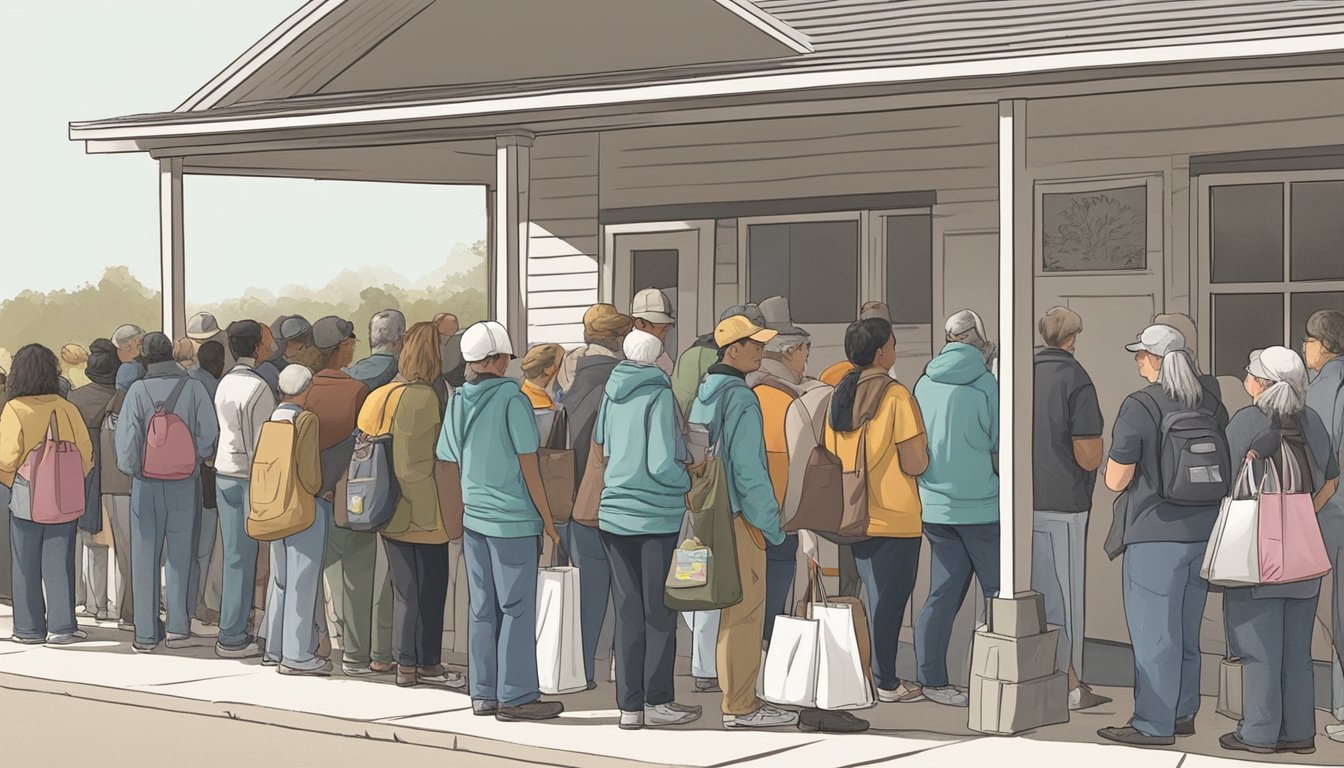 A line of people waits outside a small food pantry in Hill County, Texas. Volunteers hand out bags of groceries to those in need