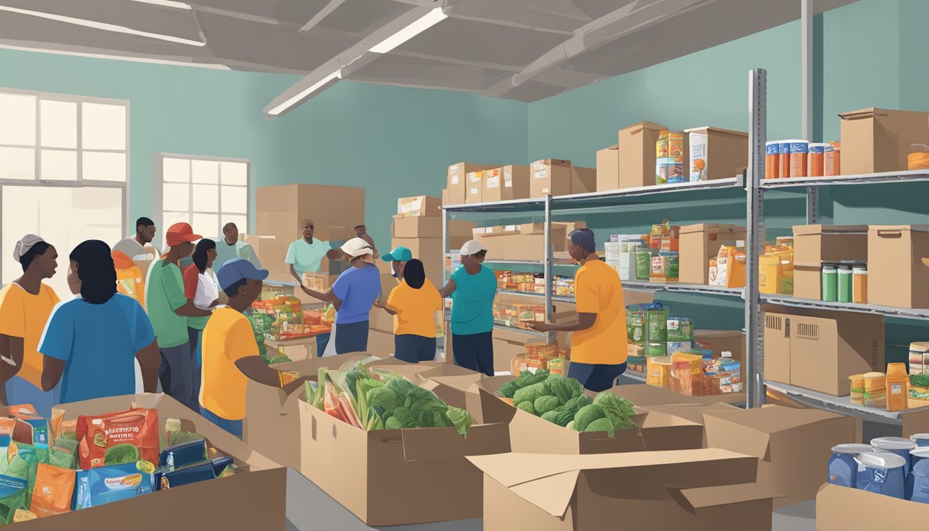 A bustling food pantry in Hill County, Texas, with volunteers distributing free groceries to those in need