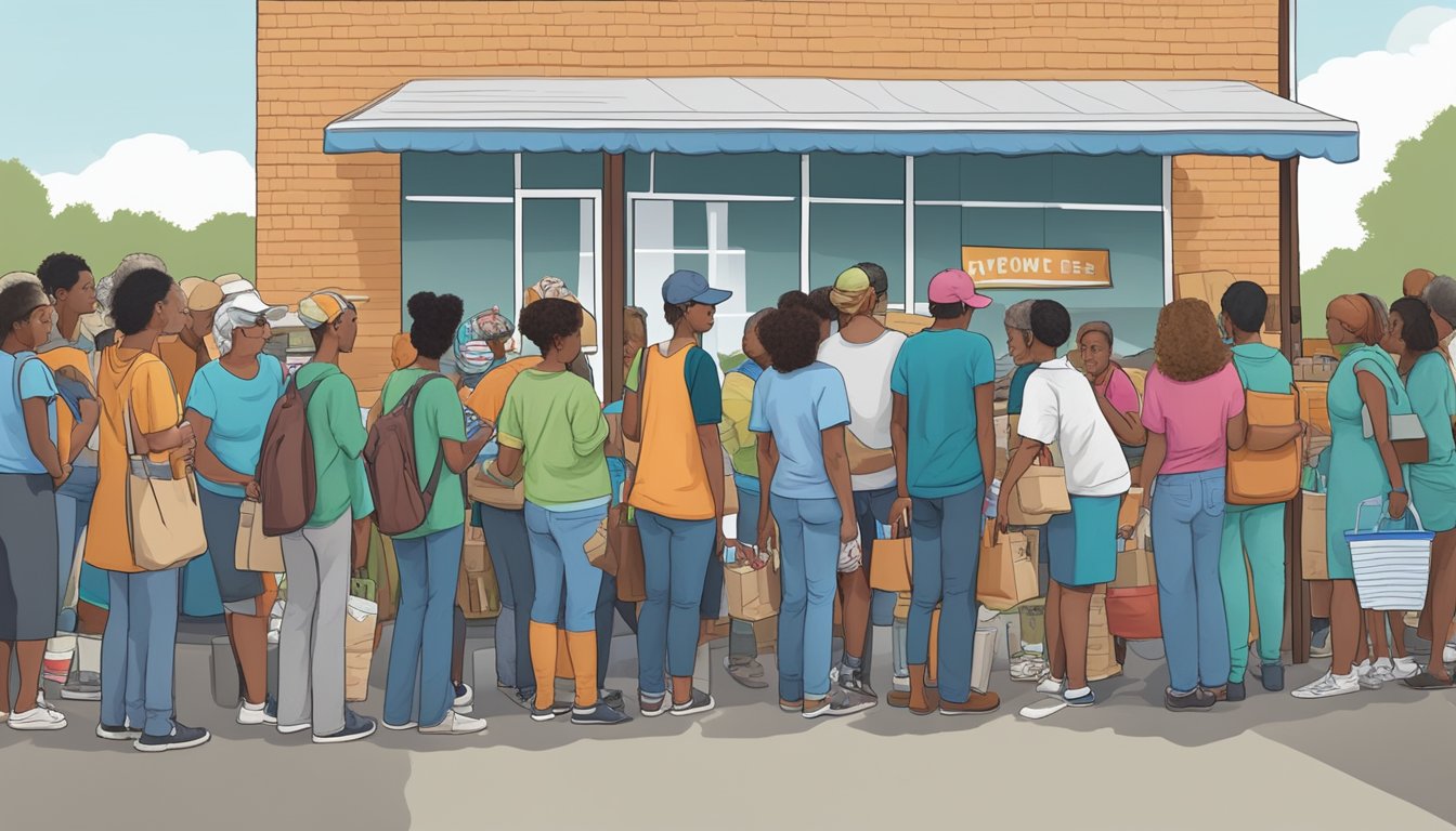 A line of people waiting outside a food pantry in Hood County, Texas, with volunteers distributing free groceries and resources