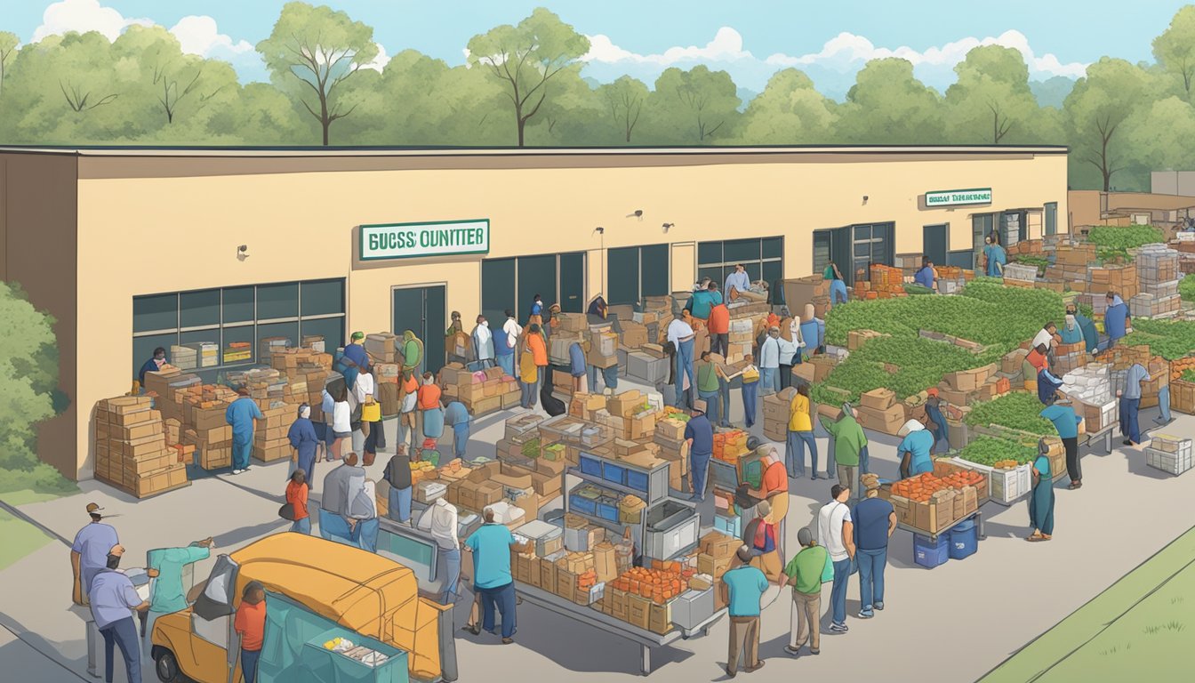 A bustling food distribution center in Gonzales County, Texas, with volunteers handing out free groceries and pantry items to those in need