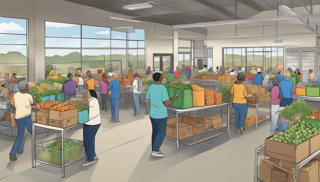 A bustling food bank in Hill County, Texas, with volunteers distributing free groceries to those in need