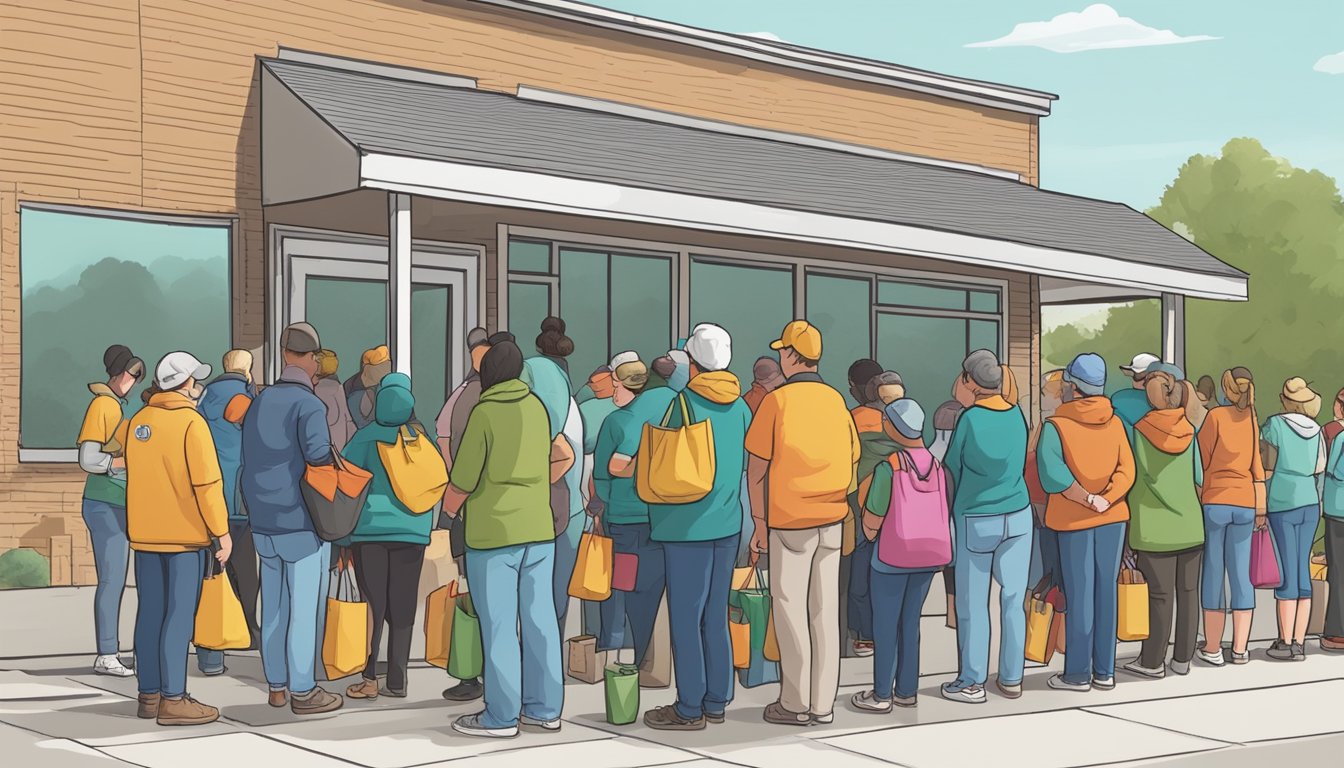 A line of people waiting outside a food pantry in Hill County, Texas. Volunteers hand out bags of free groceries to those in need