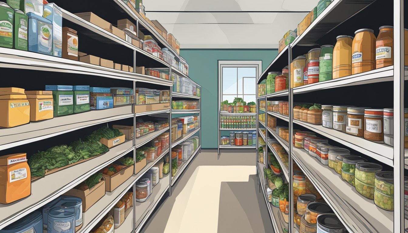 A bustling food pantry in Hill County, Texas, with shelves stocked full of fresh produce, canned goods, and other essential groceries for those in need