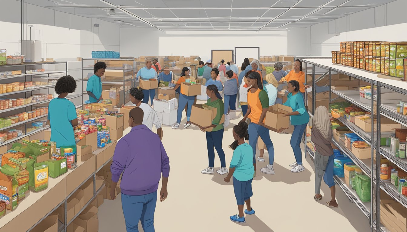 A bustling food pantry in Howard County, Texas, with volunteers distributing groceries to those in need