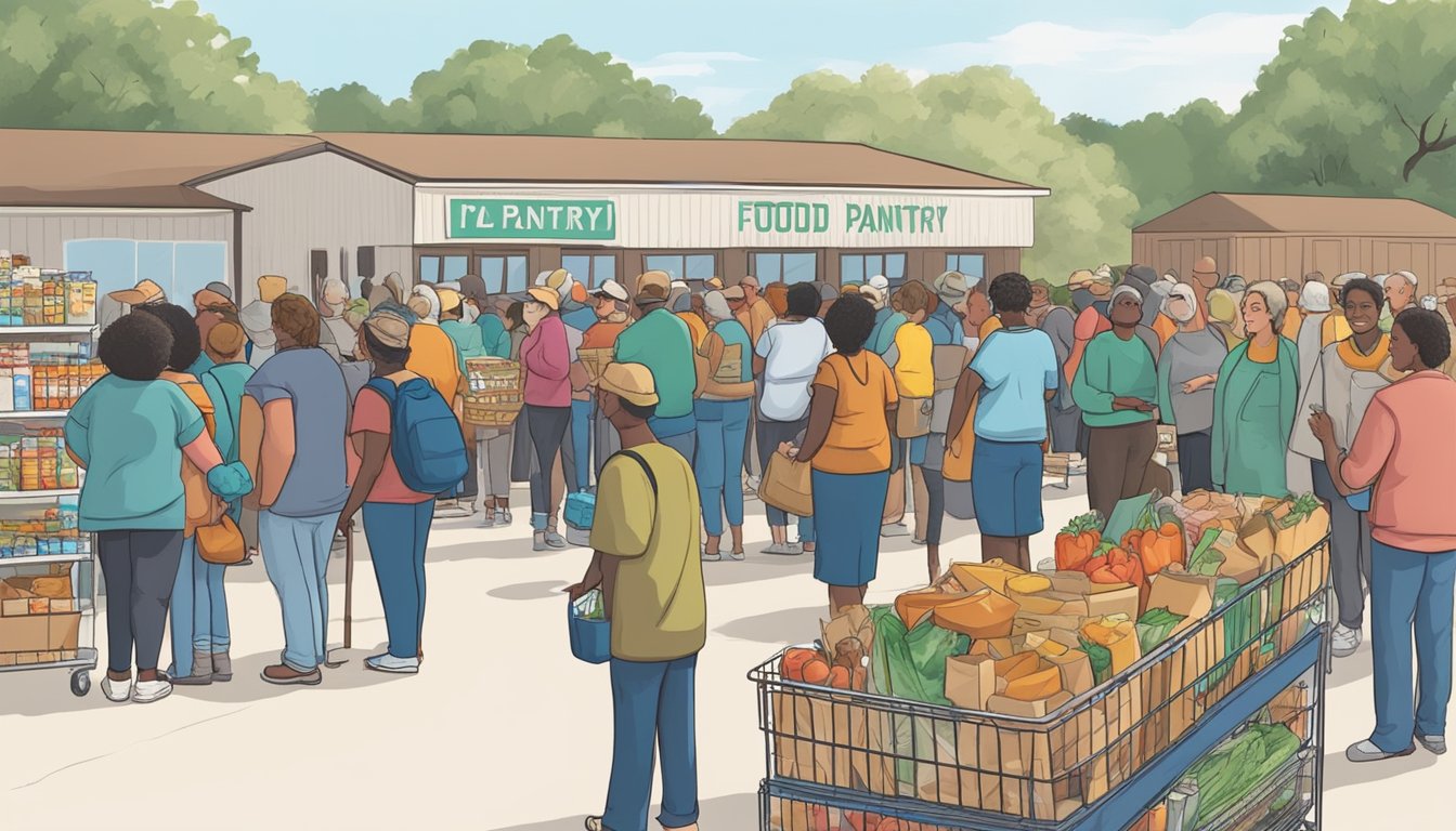 People lining up at a food pantry in Hill County, Texas. Volunteers handing out free groceries to those in need