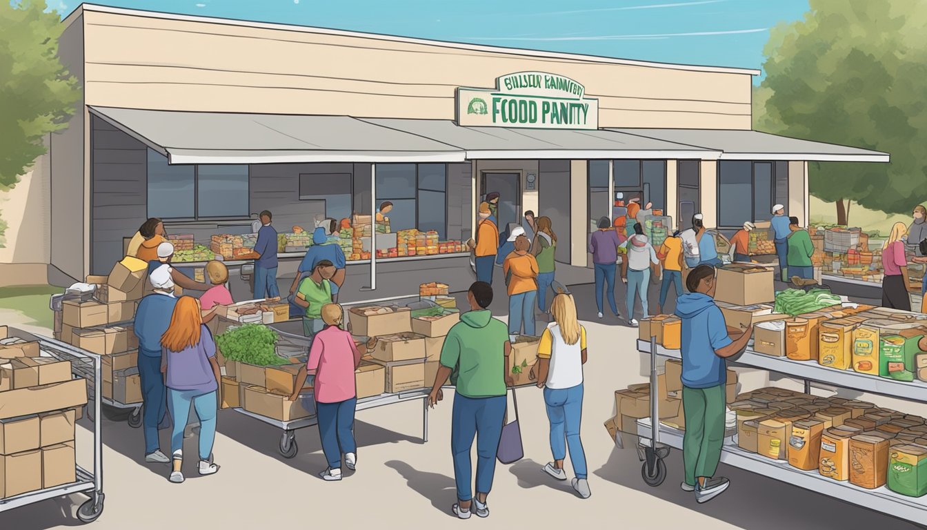 A bustling food pantry in Hill County, Texas, with volunteers distributing free groceries to those in need