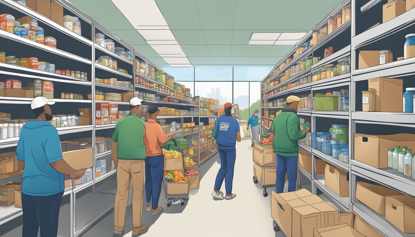 A bustling food pantry in Howard County, Texas, with shelves stocked full of groceries and volunteers helping those in need