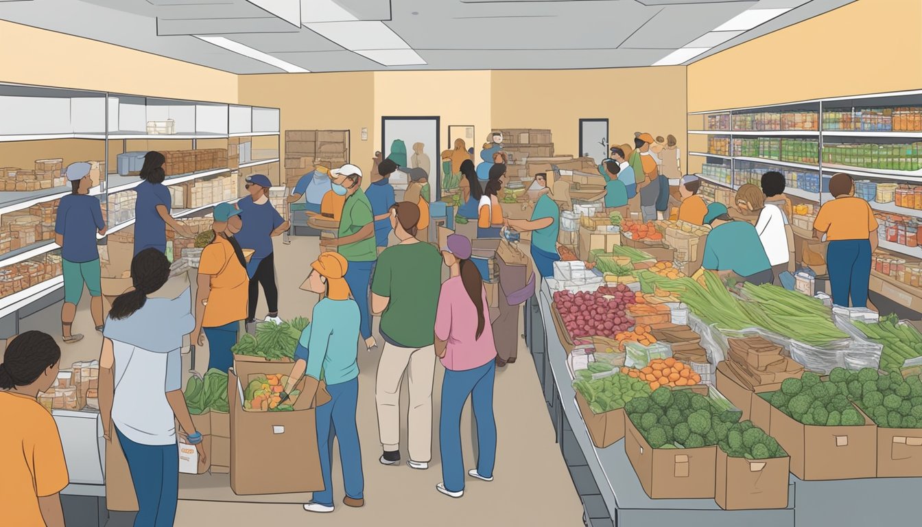 A bustling food pantry in Hill County, Texas, with volunteers distributing free groceries to those in need