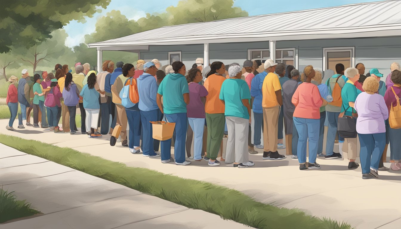 A line of people waiting outside a food pantry in Howard County, Texas, with volunteers handing out free groceries and supplies