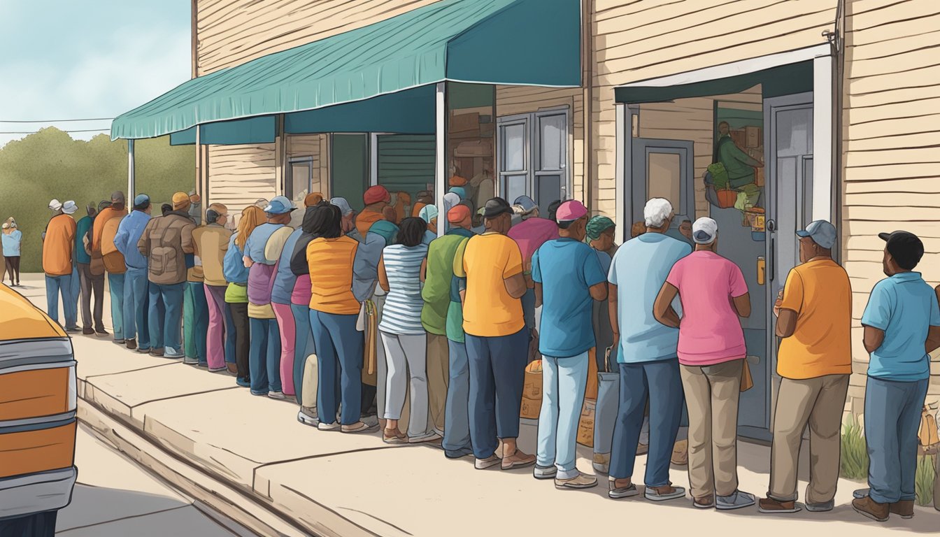 A line of people wait outside a small building, where volunteers distribute free groceries and food from local pantries in Hill County, Texas