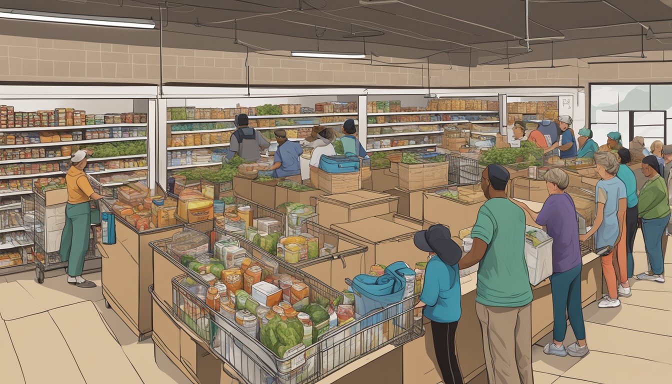 A bustling food pantry in Hill County, Texas, with volunteers distributing free groceries to those in need from the wider Texas region