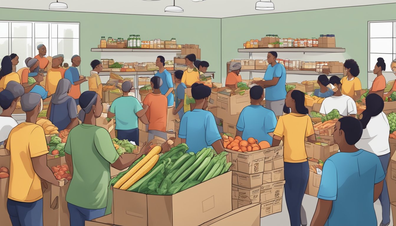 A bustling food pantry with volunteers distributing groceries to people in need