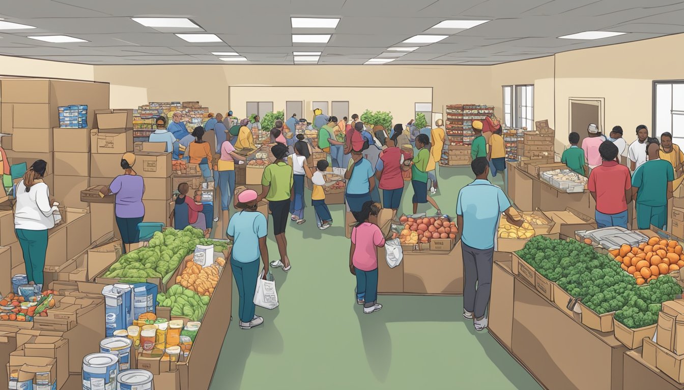 A bustling food pantry in Howard County, Texas, with volunteers distributing free groceries to community members in need