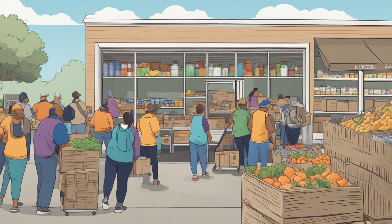 A bustling food pantry in Gonzales County, Texas, with volunteers distributing free groceries to those in need