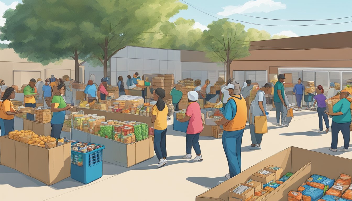 A bustling food pantry in Howard County, Texas, with volunteers distributing free groceries to those in need